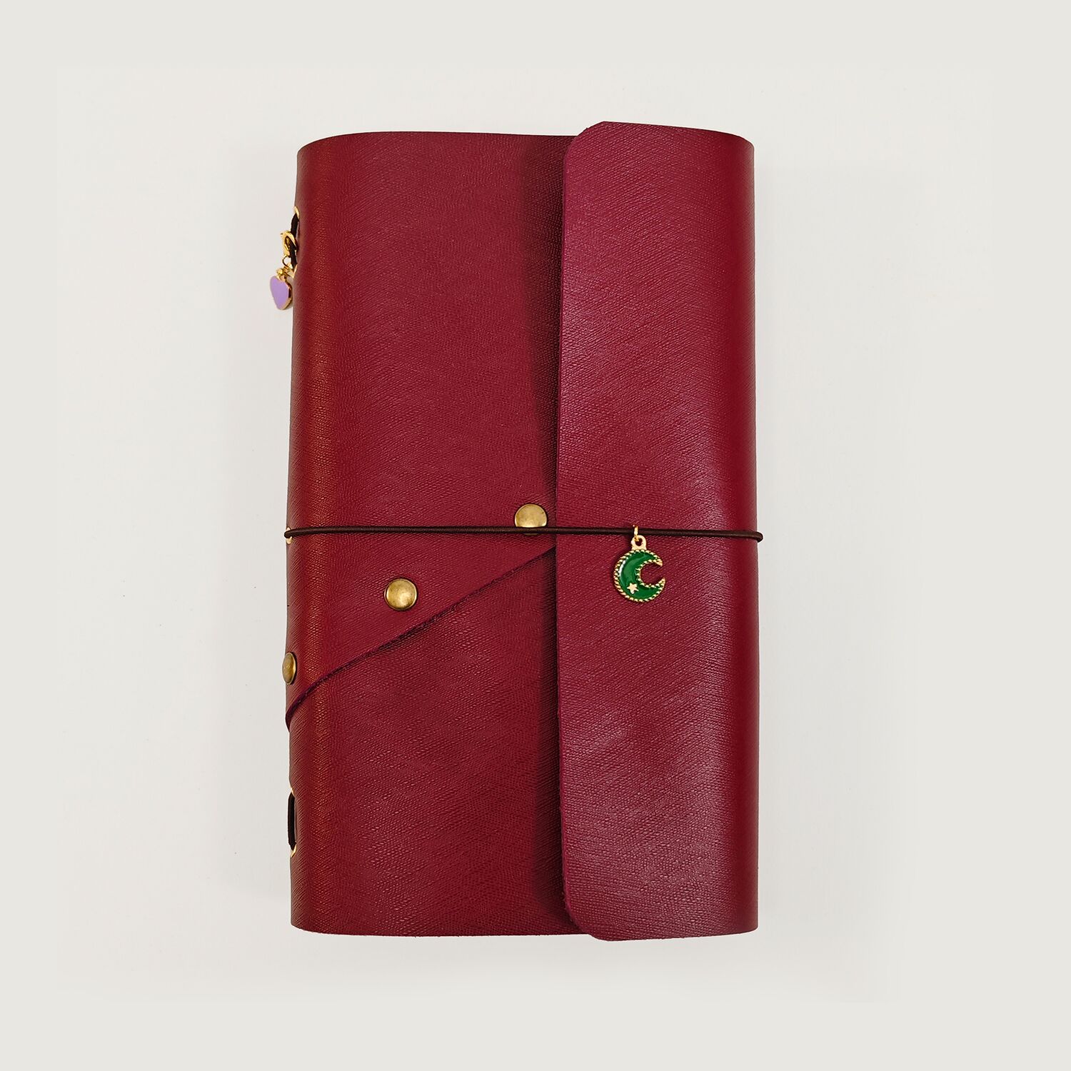 Handcrafted Burgundy Leather Journal with Green Moon Charm - Image 1
