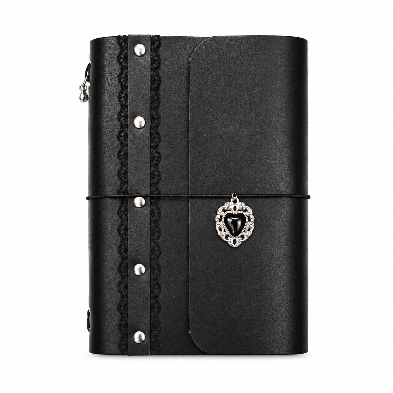 Gothic Black Lace Leather Journal with Heart Charm - Image 1